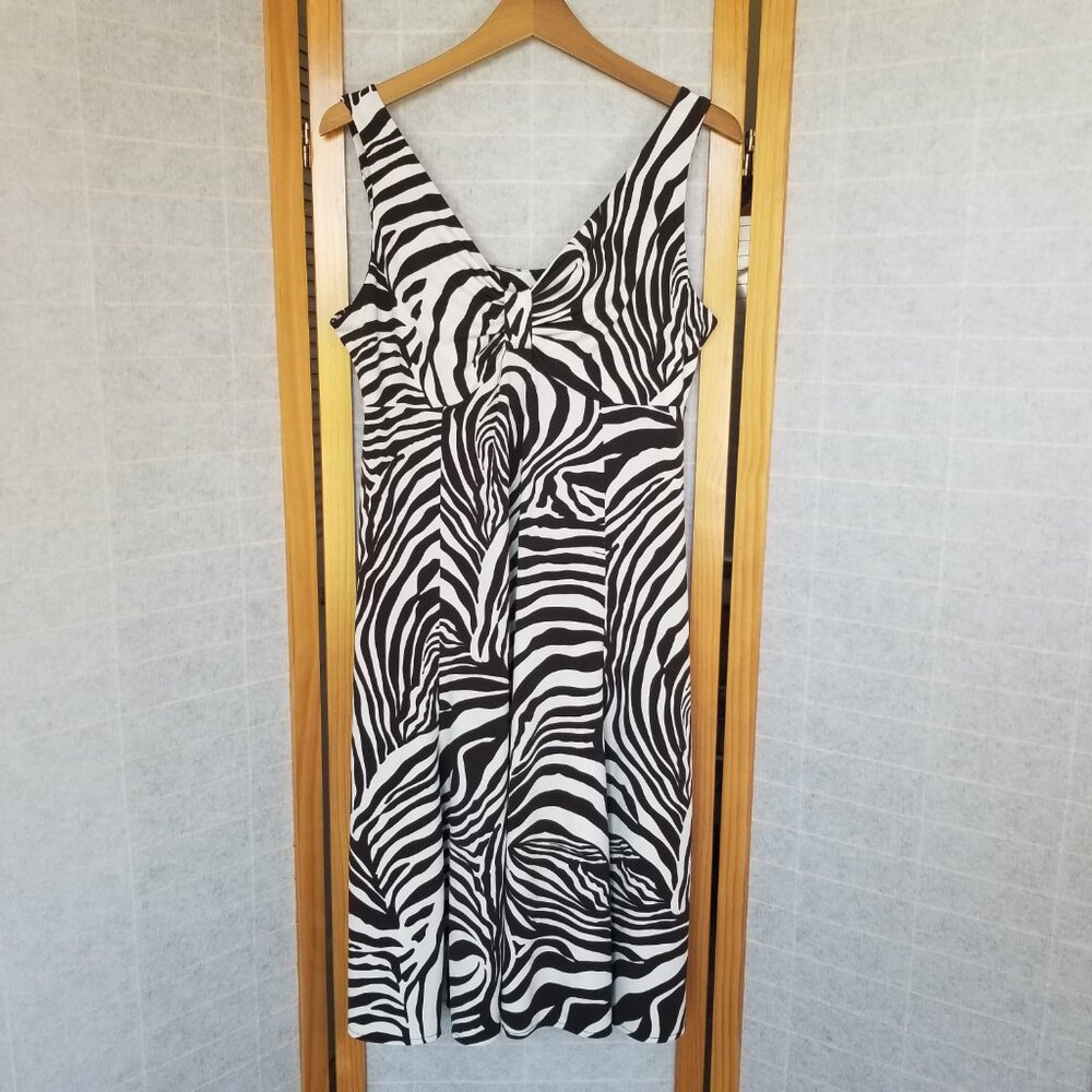 Zebra Print Dress Fit and Flare Brown Cream Stretch Knit Size Large